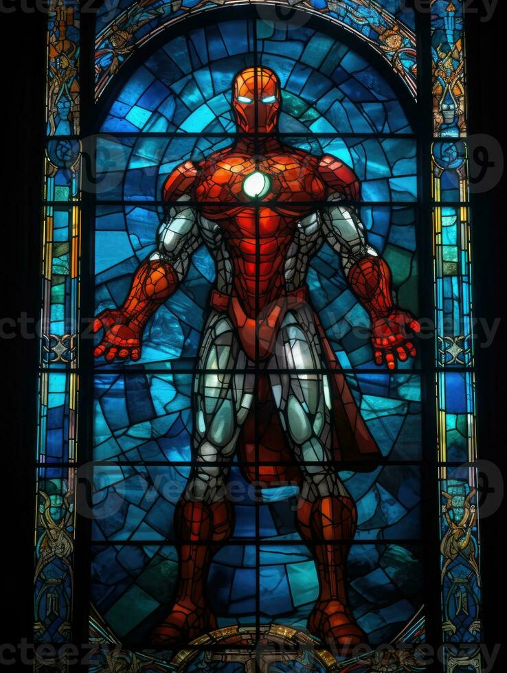 super hero warrior stained glass window mosaic religious collage artwork retro vintage textured photo