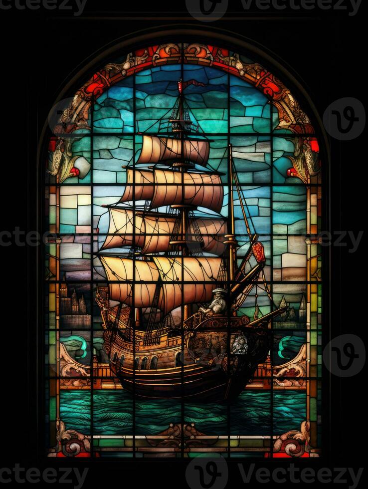 ship sea stained glass window mosaic religious collage artwork retro vintage textured religion photo