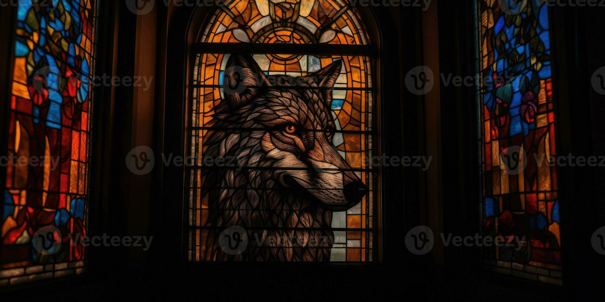 lobo manchado vaso ventana mosaico religioso collage obra de arte retro Clásico texturizado religión foto