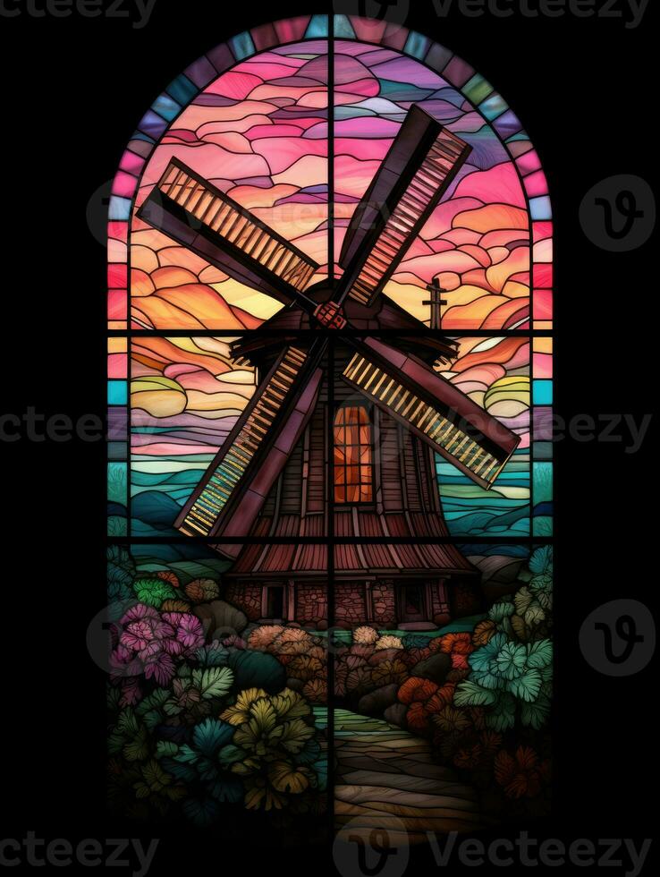 wind mill stained glass window mosaic religious collage artwork retro vintage textured religion photo