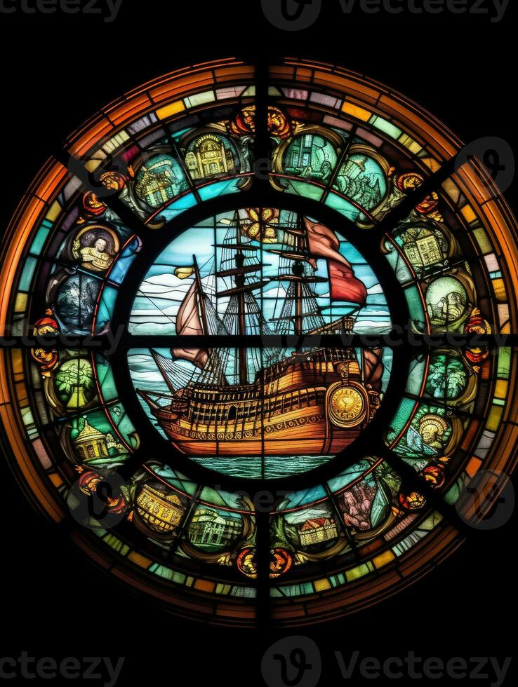 ship sea stained glass window mosaic religious collage