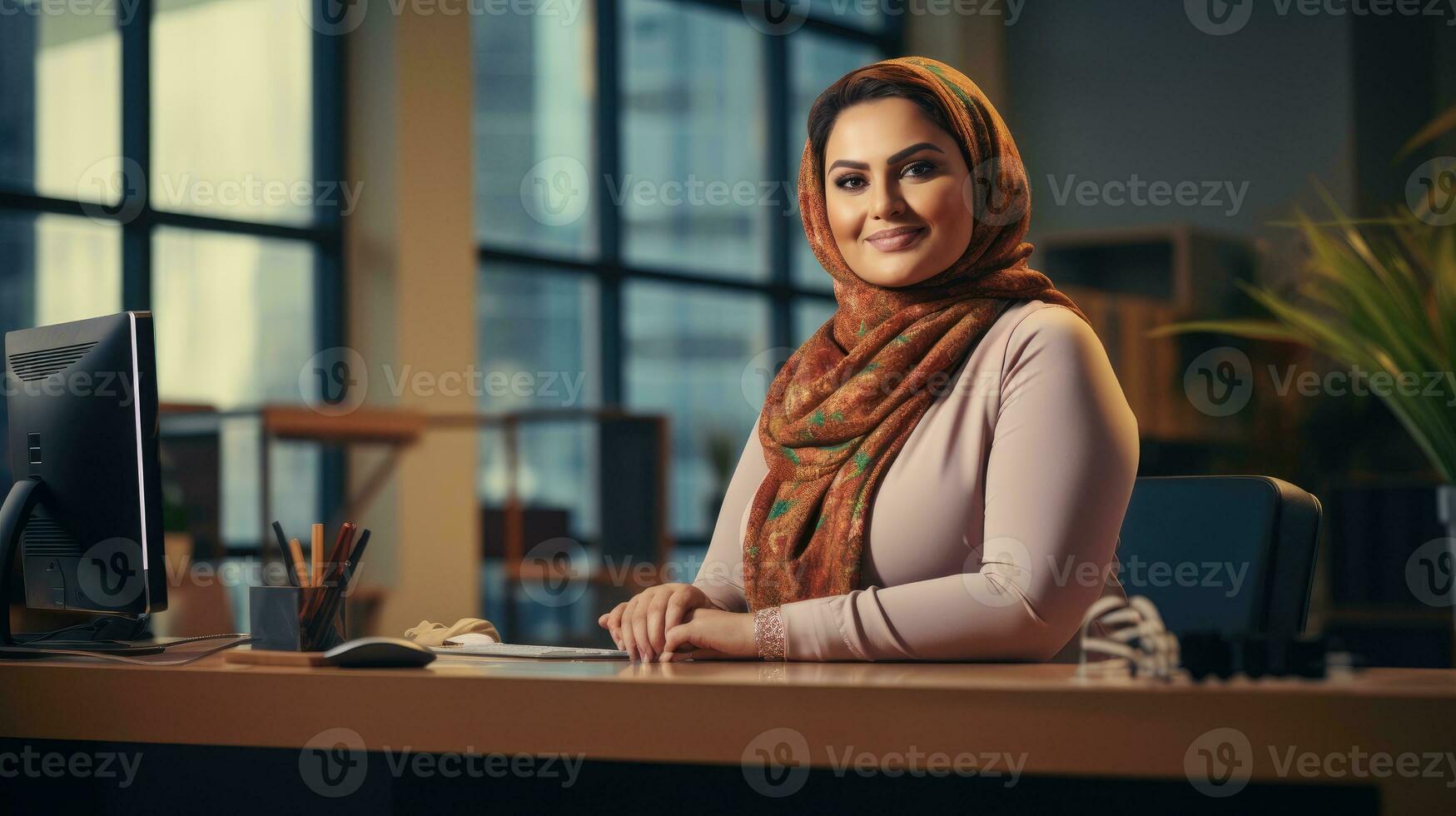 arabic hijab plus size happy curvy manager modern office successful job business woman photo