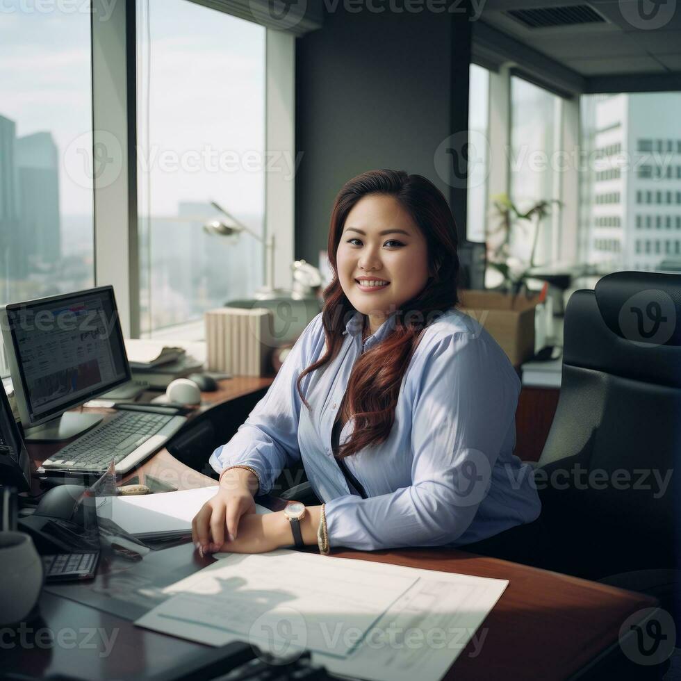 east asian plus size happy curvy manager modern office successful job ceo business woman photo