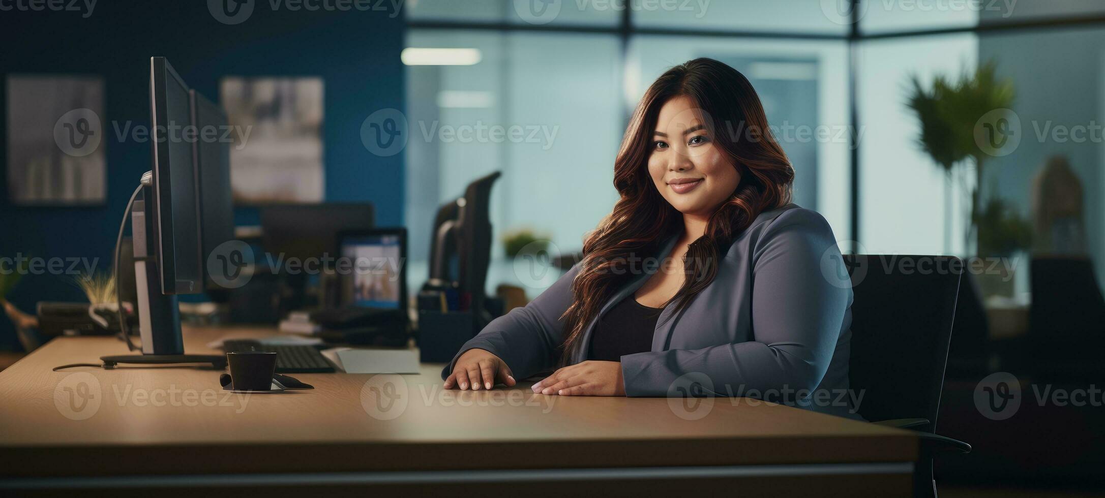 east asian plus size happy curvy manager modern office successful job ceo business woman photo