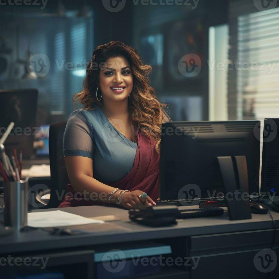 indian plus size happy curvy manager modern office successful job ceo business woman photo