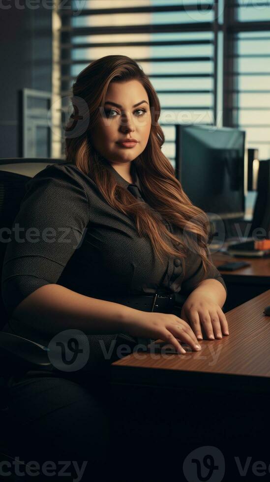 mujer caucásico más Talla contento curvilíneo gerente moderno oficina exitoso trabajo negocio foto