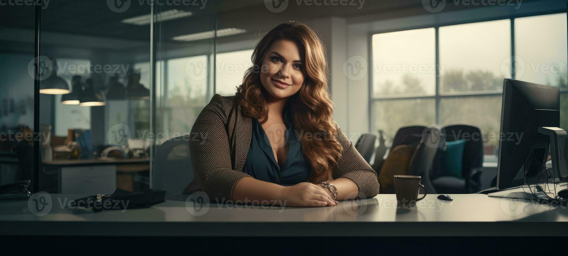 woman Caucasian plus size happy curvy manager modern office successful job business photo