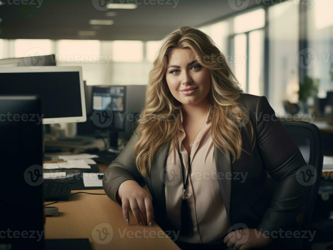 woman Caucasian plus size happy curvy manager modern office successful job business photo