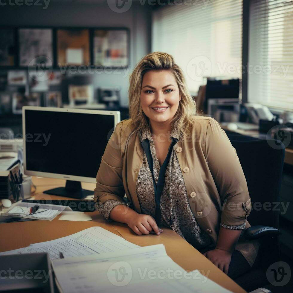 woman Caucasian plus size happy curvy manager modern office successful job business photo