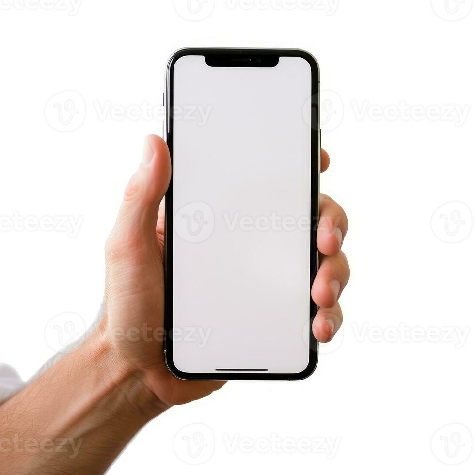 Hand holding smartphone mockup template mobile phone vertical device phone screen application photo