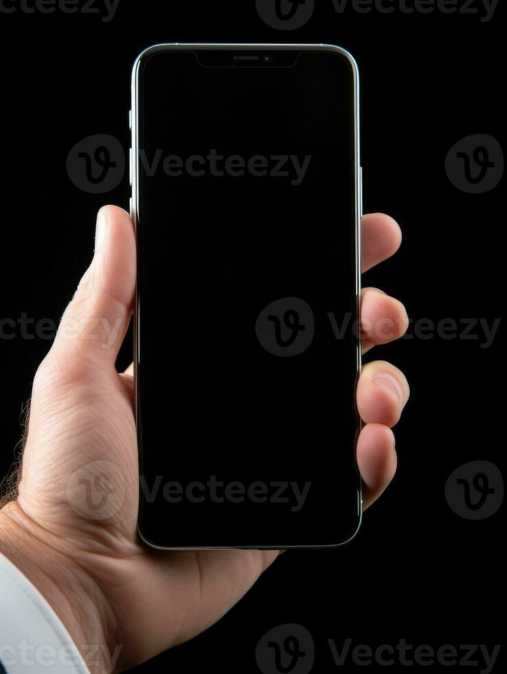 Hand holding smartphone mockup template mobile phone vertical device phone screen application photo