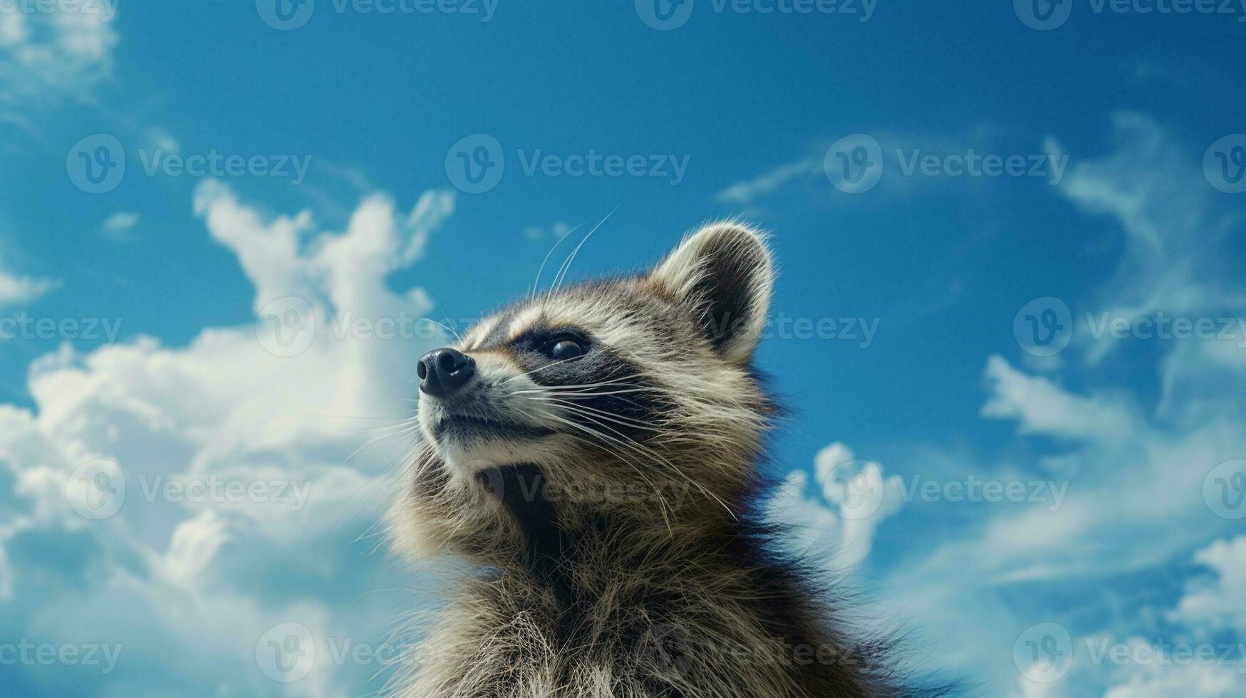 Photo of a Raccoon under Blue Sky. Generative AI