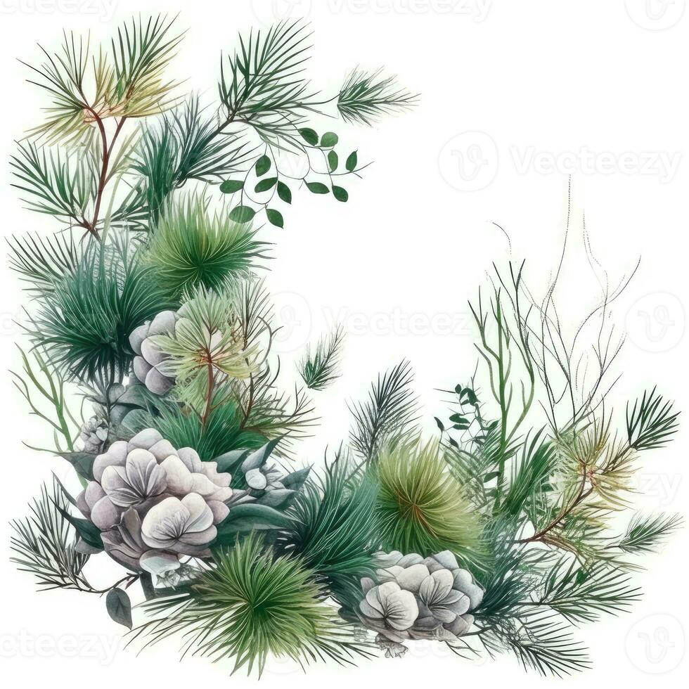 pine needles Floral frame greeting card scrapbooking watercolor gentle illustration border wedding photo