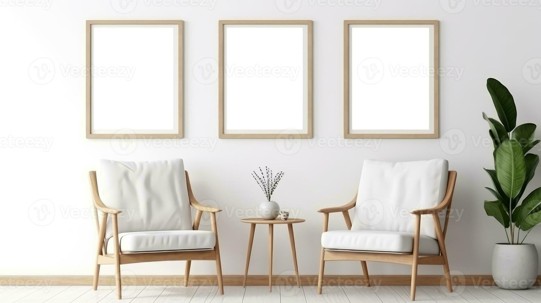 three Blank empty frame poster mockup portfolio living room presentation furniture living room photo
