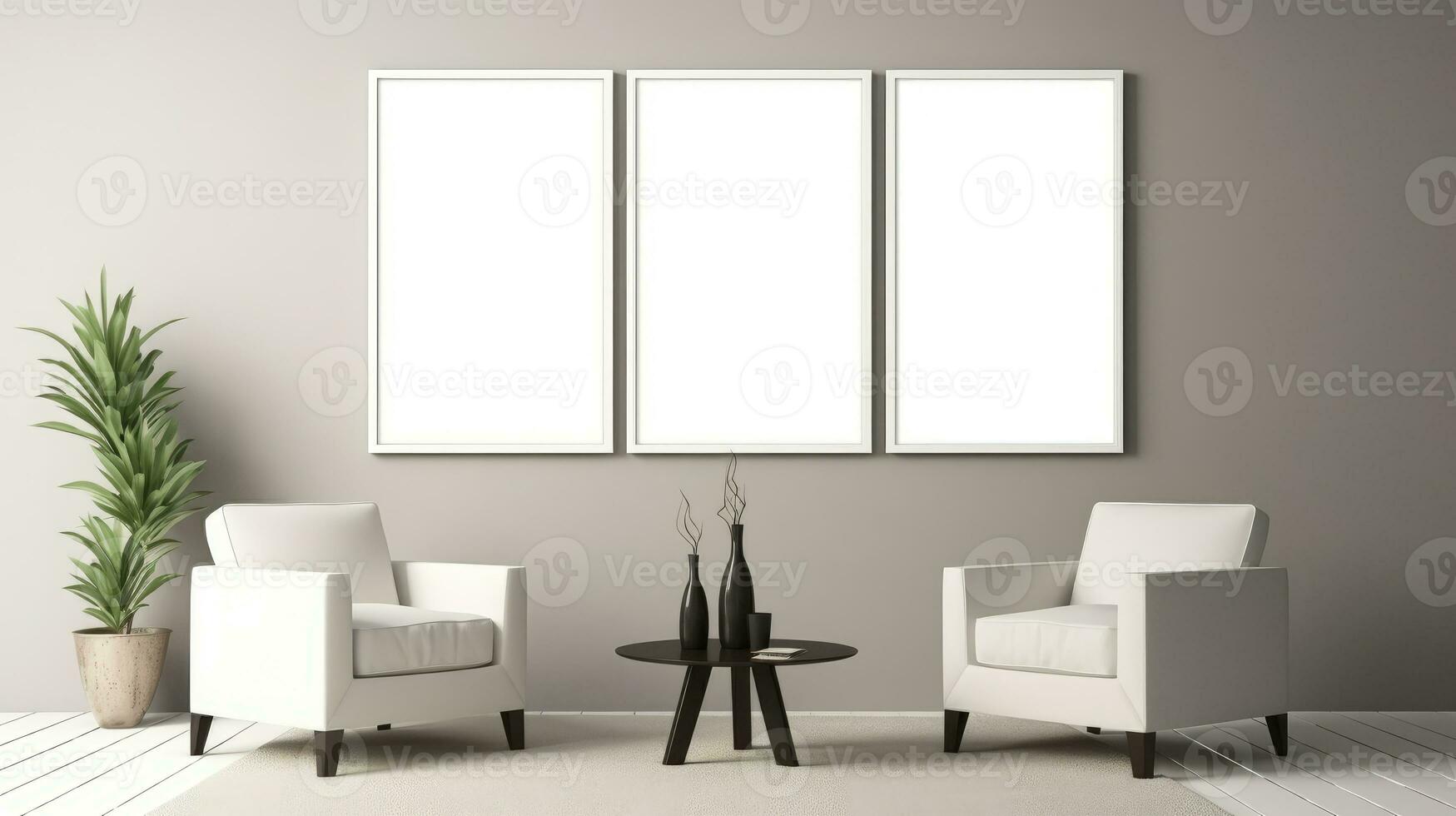 three Blank empty frame poster mockup portfolio living room presentation furniture living room photo