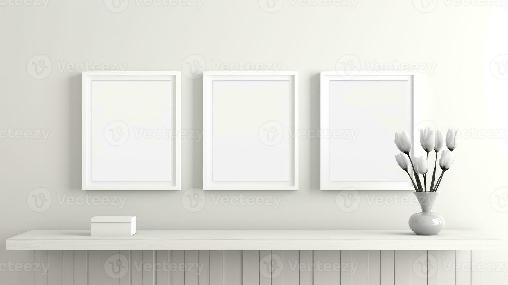 three Blank empty frame poster mockup portfolio living room presentation furniture living room photo