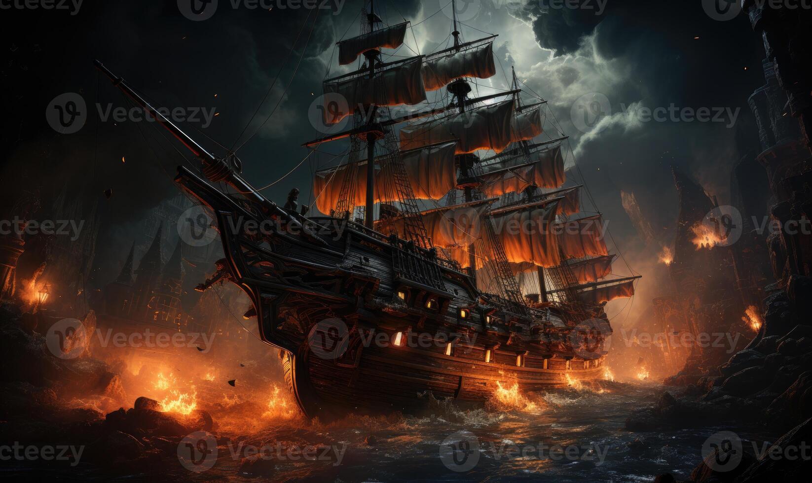 ship sea ocean old pirate landscape city mystic poster alien steampunk