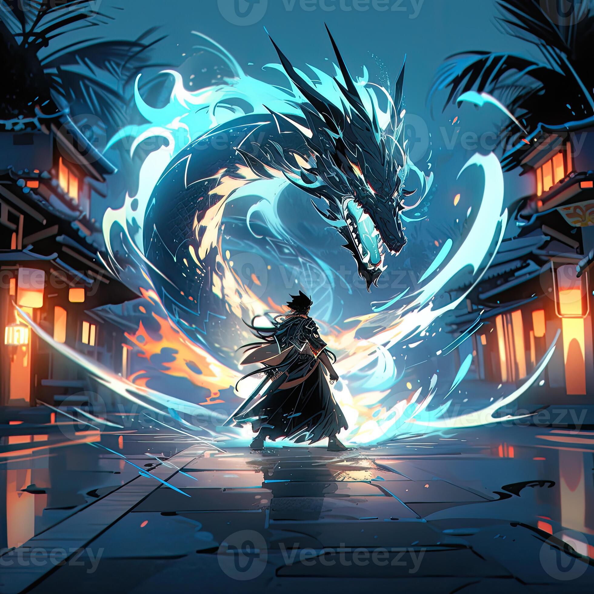 warrior man dragon fight anime futuristic illustration mystical