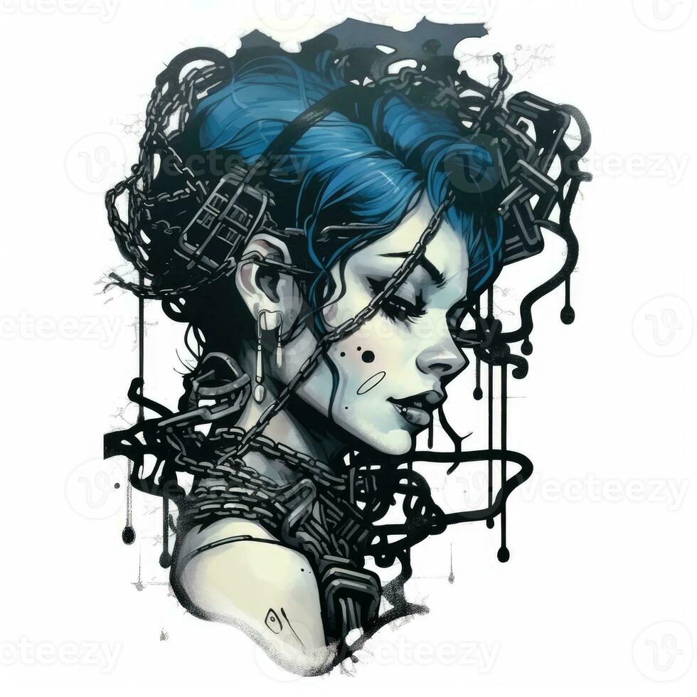 woman chains portrait tattoo sticker illustration Halloween scary creepy horror crazy devil photo