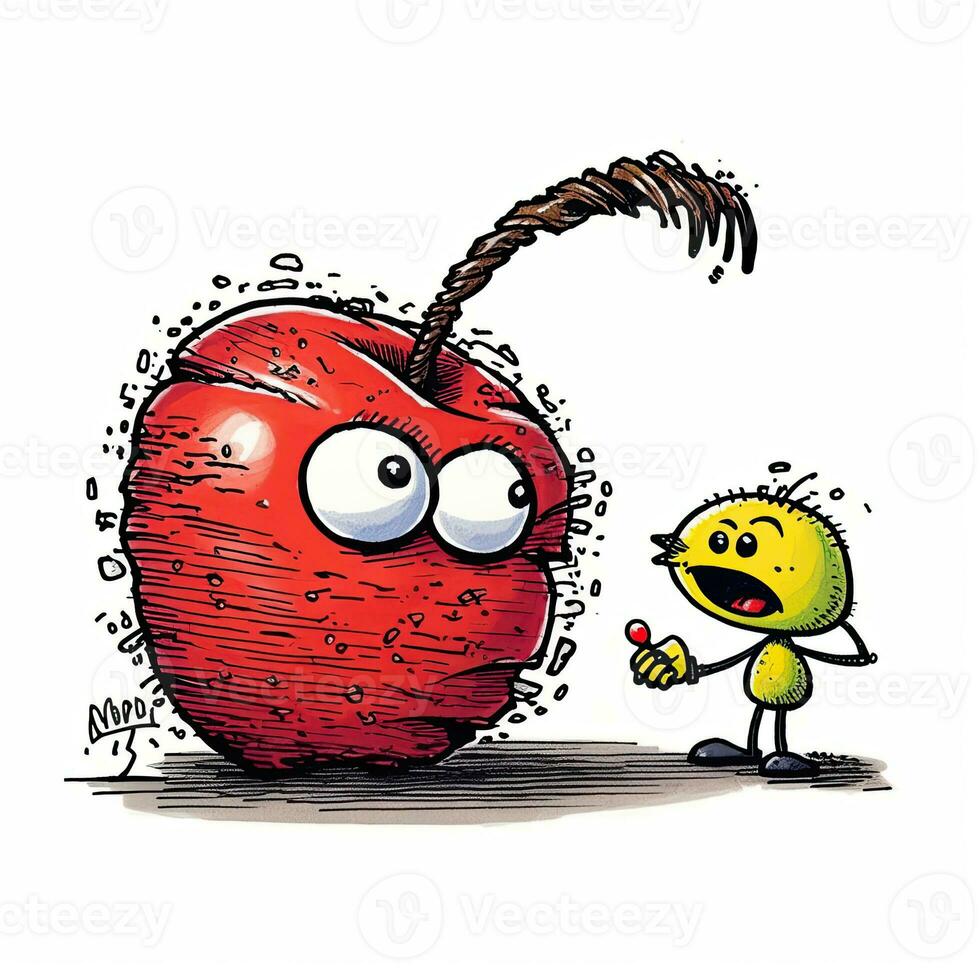 red crazy apple sketch caricature stroke doodle illustration vector hand drawn mascot clipart photo