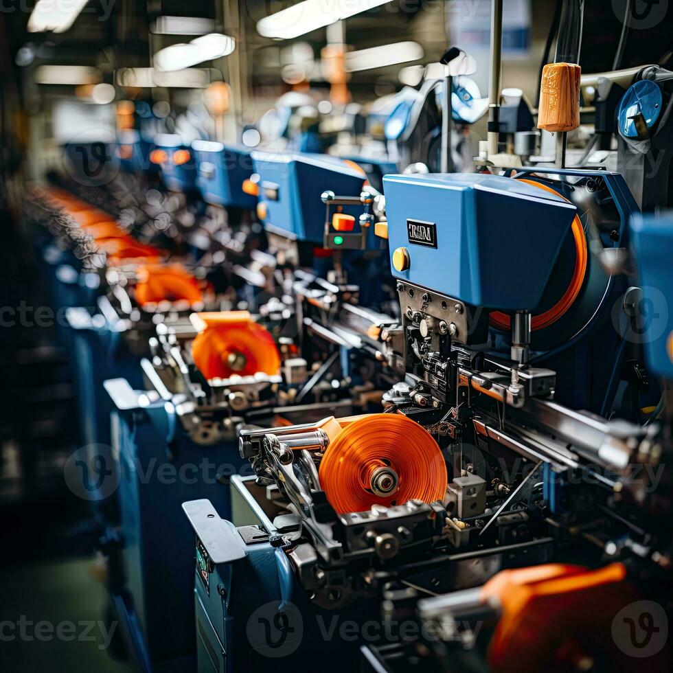 Costura textil fábrica espacio de trabajo máquina robot producción mecánico transportador foto cerca