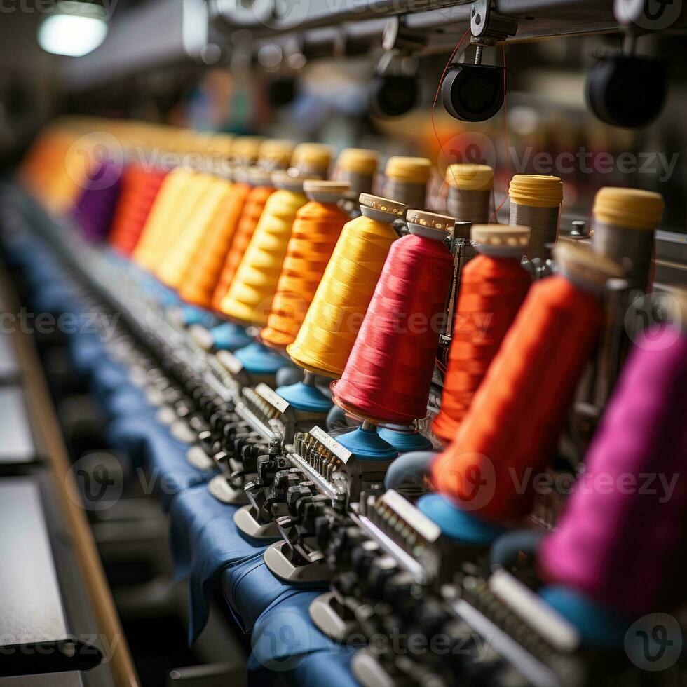 Costura textil fábrica espacio de trabajo máquina robot producción mecánico transportador foto cerca