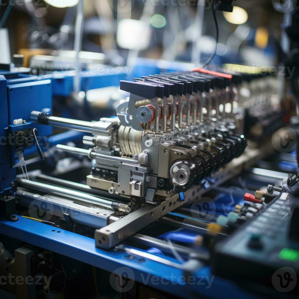 Costura textil fábrica espacio de trabajo máquina robot producción mecánico transportador foto cerca