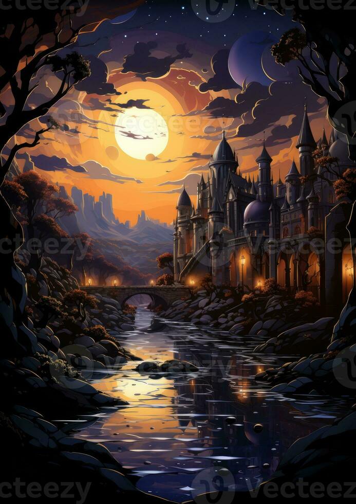 castle moon landscape dreamy fantasy mystery tarot illustration art tattoo poster card night photo