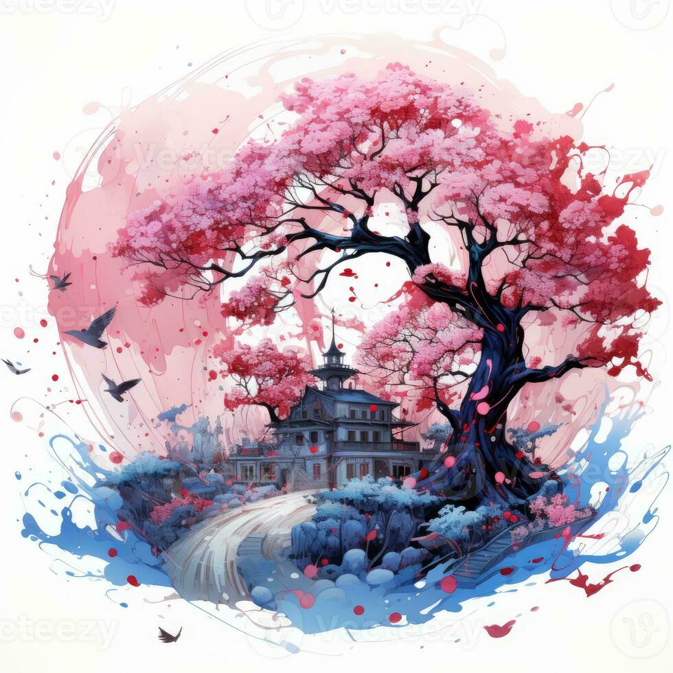 Sakura tree cherry playful illustration sketch collage expressive artwork clipart painting photo