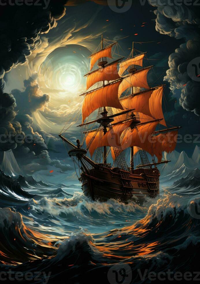 sea storm ship moon dreamy fantasy mystery tarot illustration art tattoo poster card night photo