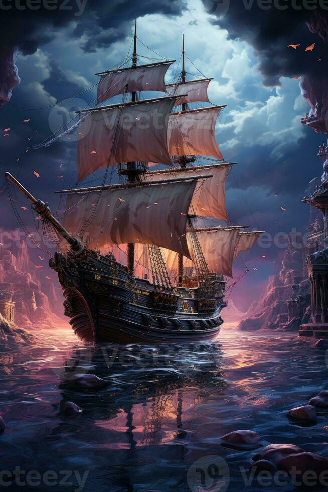 sea storm ship moon dreamy fantasy mystery tarot illustration art tattoo poster card night photo