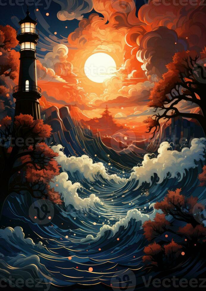 lighthouse storm light moon guiding star fantasy mystery tarot illustration art tattoo poster photo