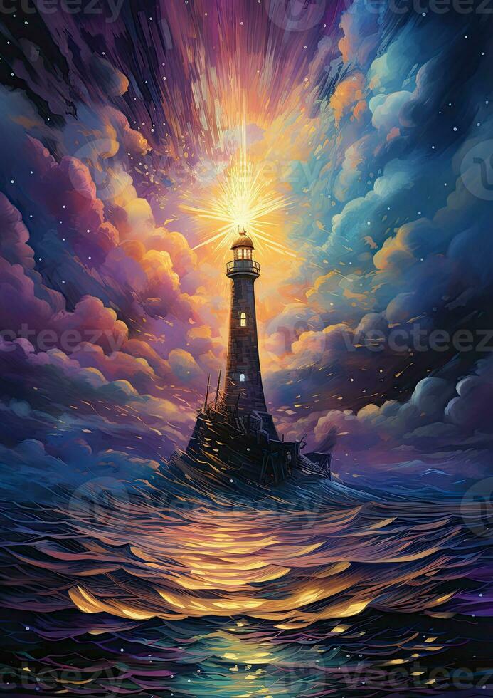 lighthouse storm light moon guiding star fantasy mystery tarot illustration art tattoo poster photo