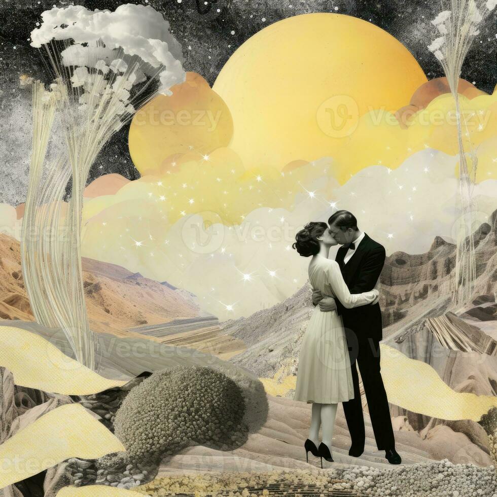 kissing man woman Abstract collage scrapbook yellow retro vintage surrealistic illustration photo