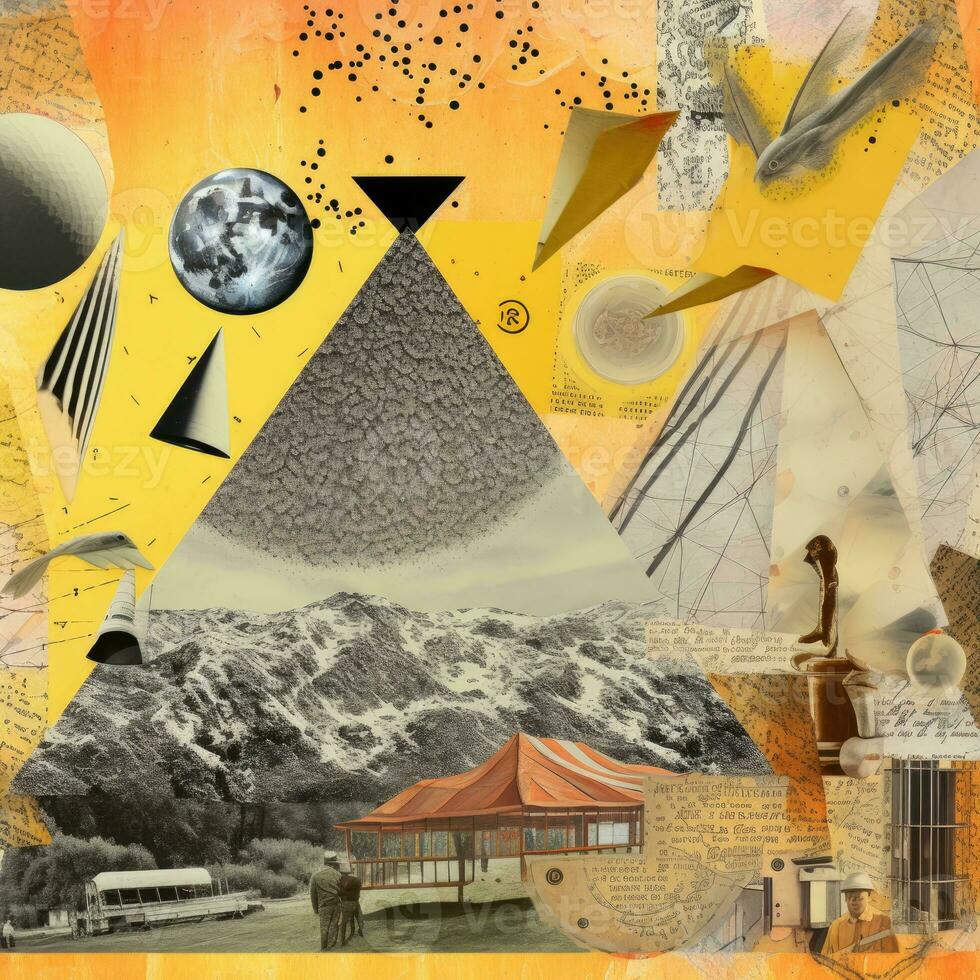 pyramid moon cat Abstract collage scrapbook yellow retro vintage surrealistic illustration photo