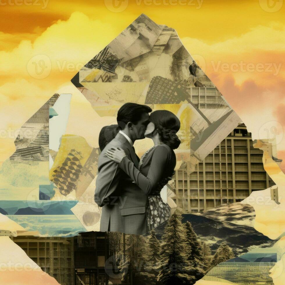 kissing man woman Abstract collage scrapbook yellow retro vintage surrealistic illustration photo