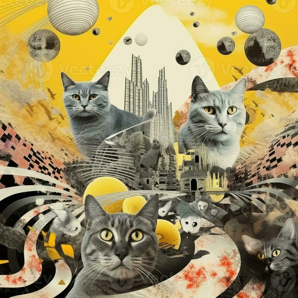 lot cats family Abstract collage scrapbook yellow retro vintage surrealistic illustration photo