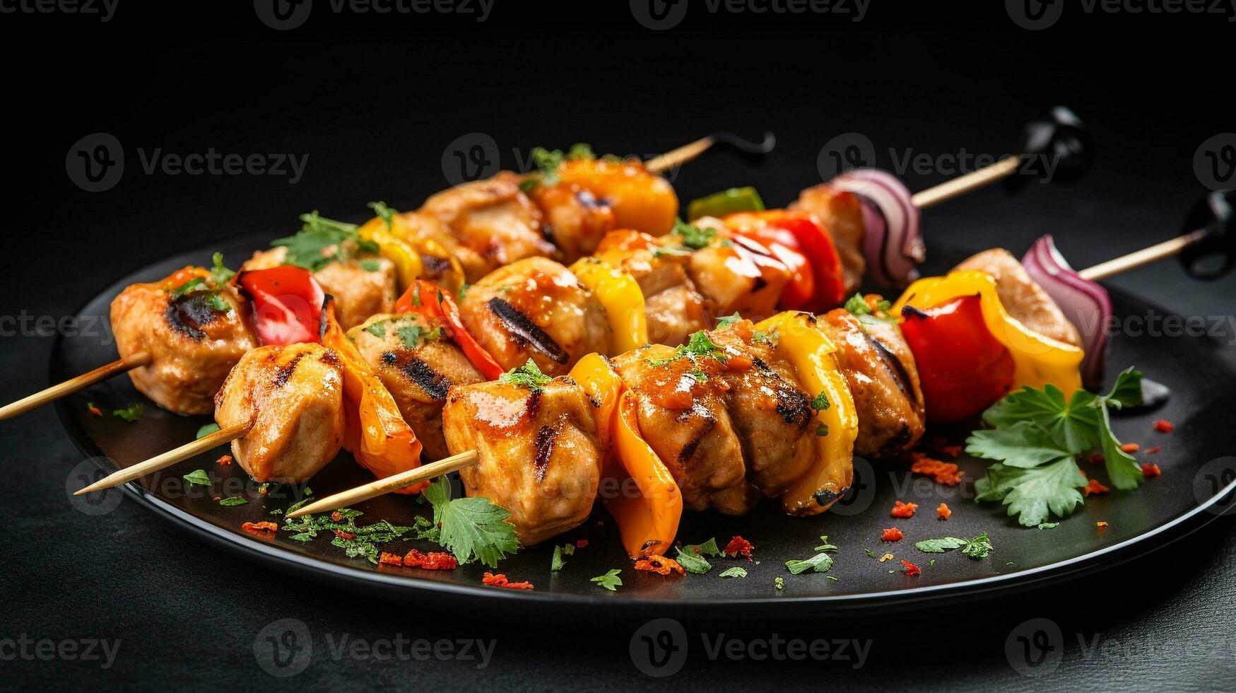 Photo of Chicken Kebabs as a dish in a high-end restaurant. Generative AI