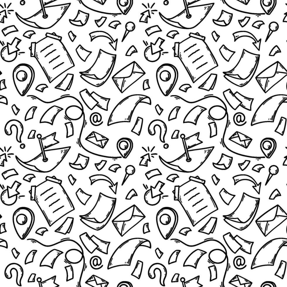 Doodle document delivery and location pin seamless patter. Business hand drawn sketch background. Vector illustration. Organisation concept