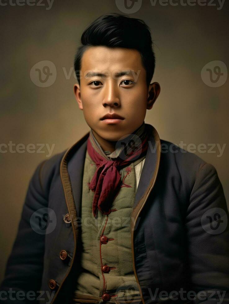 Asian man from the early 1900s colored old photo AI Generative