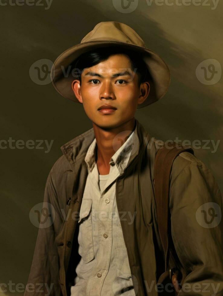 Asian man from the early 1900s colored old photo AI Generative