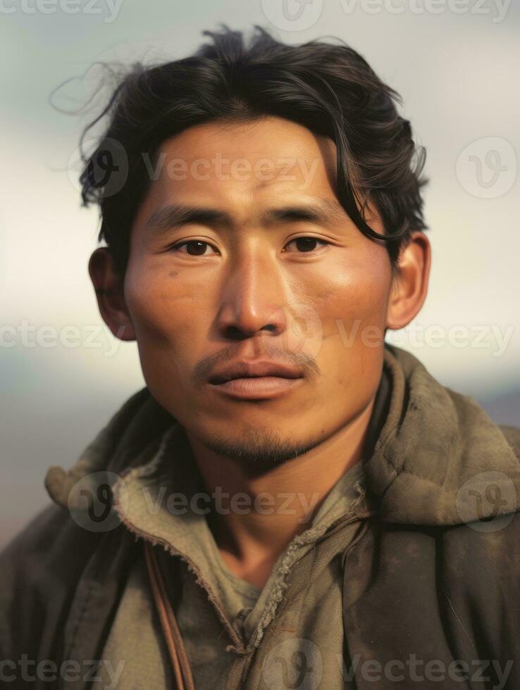 Asian man from the early 1900s colored old photo AI Generative