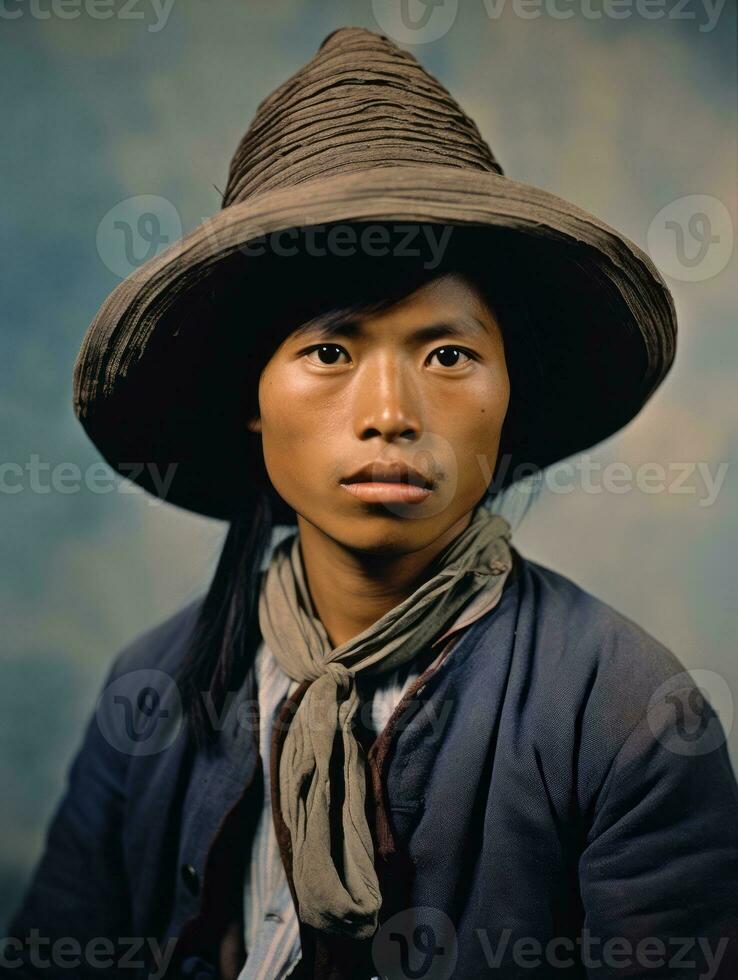 Asian man from the early 1900s colored old photo AI Generative