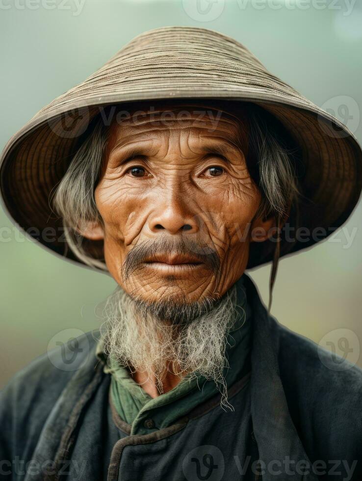 asiático hombre desde el temprano 1900 de colores antiguo foto ai generativo