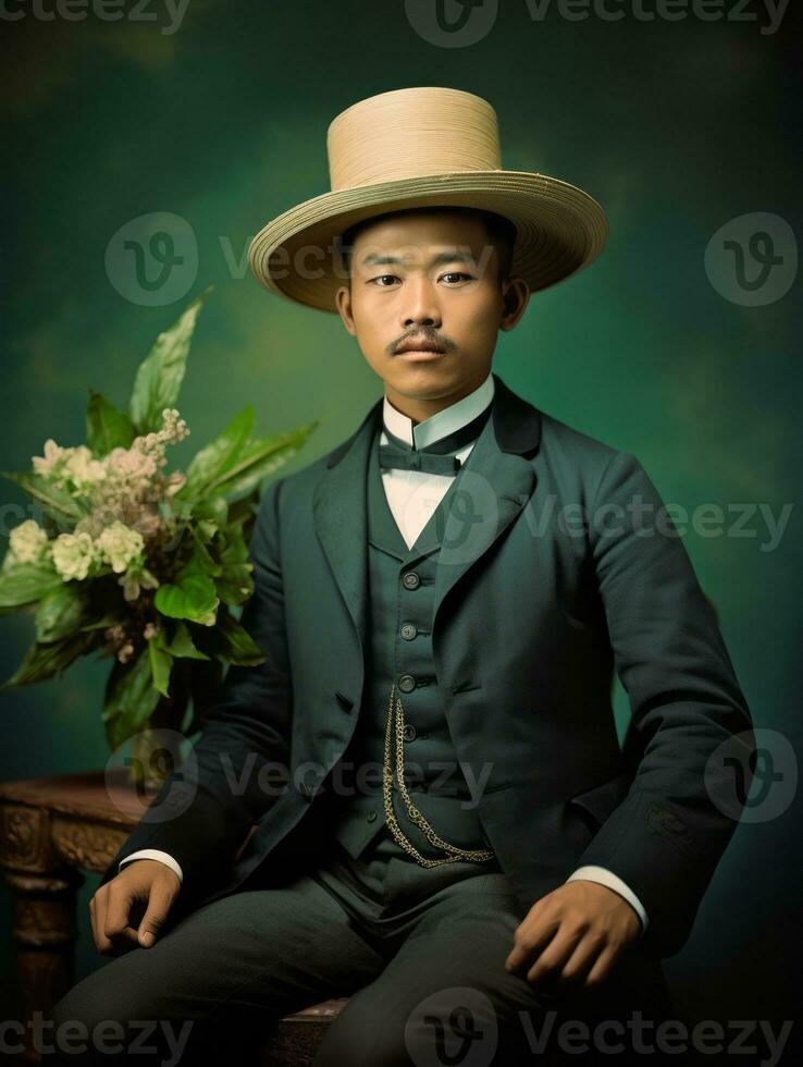 Asian man from the early 1900s colored old photo AI Generative