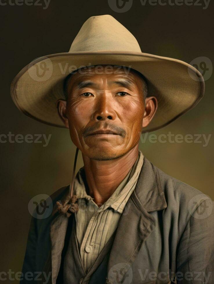 asiático hombre desde el temprano 1900 de colores antiguo foto ai generativo