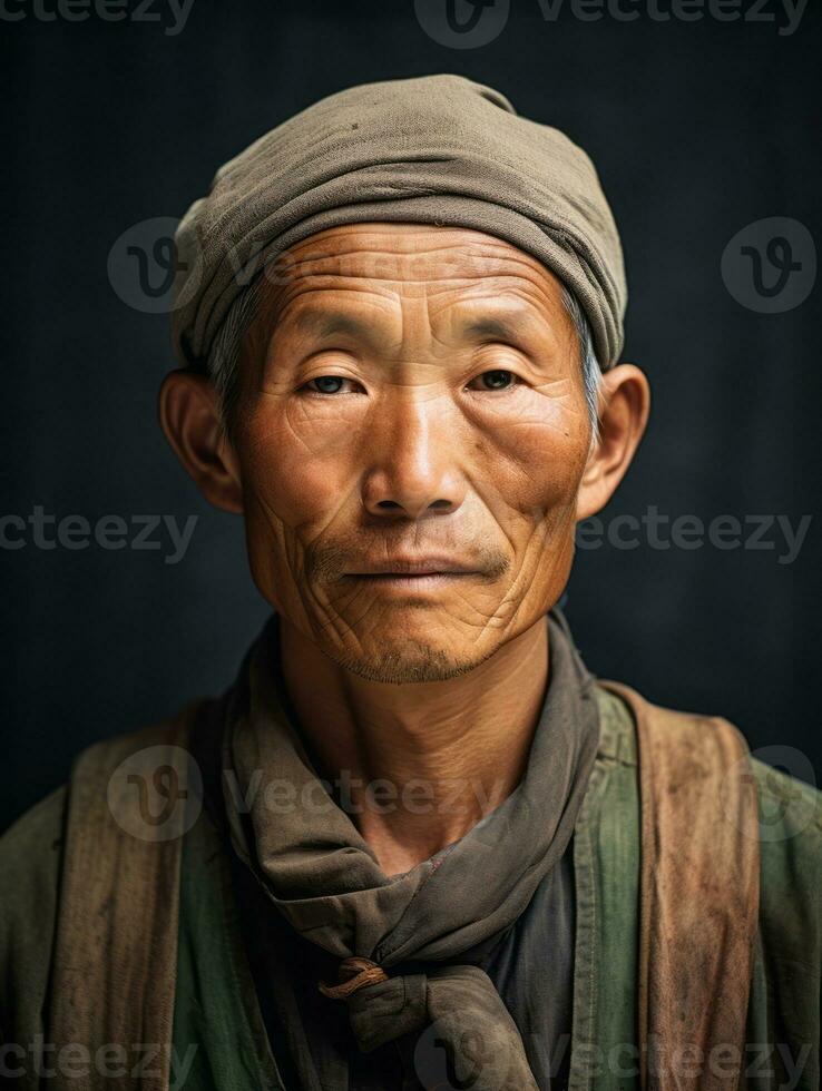 Asian man from the early 1900s colored old photo AI Generative