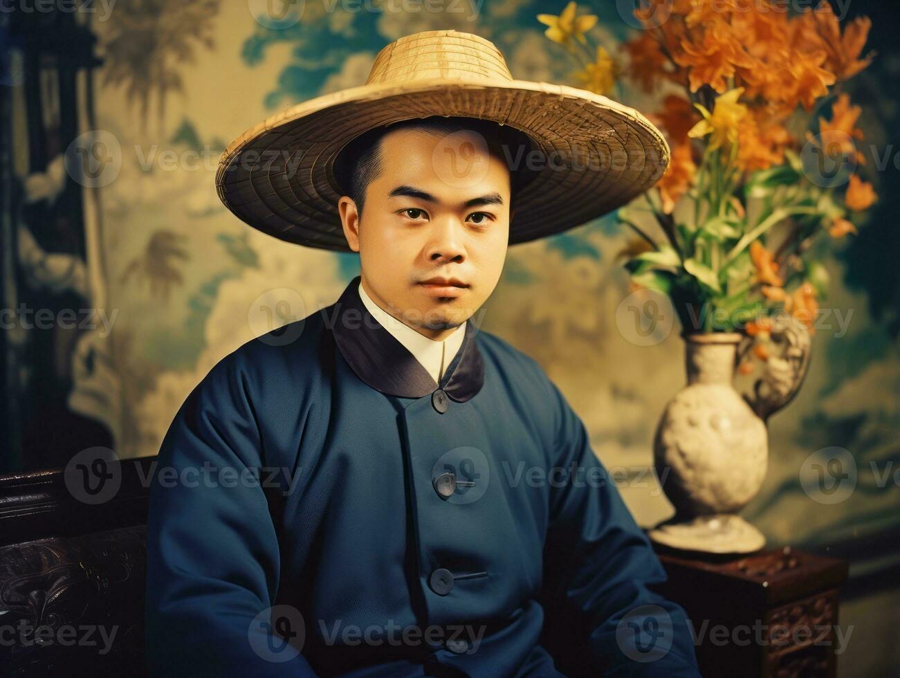 Asian man from the early 1900s colored old photo AI Generative