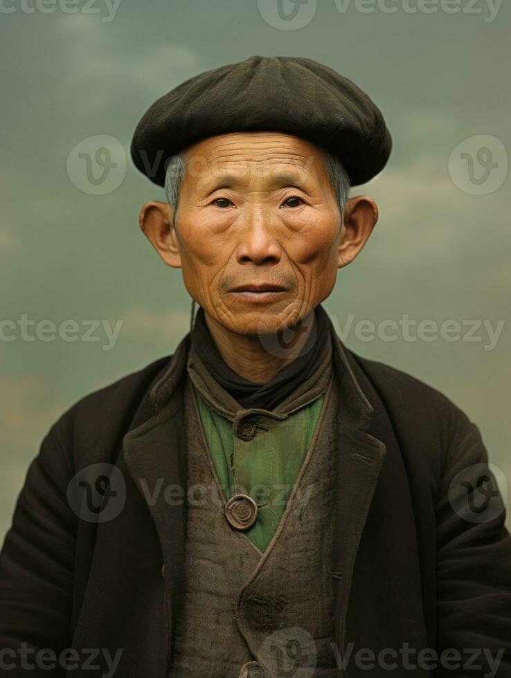 Asian man from the early 1900s colored old photo AI Generative
