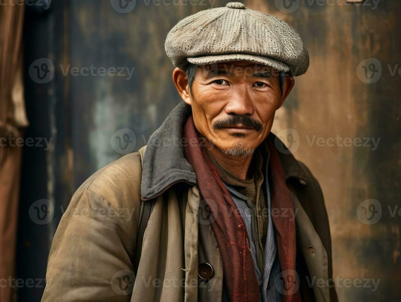 Asian man from the early 1900s colored old photo AI Generative